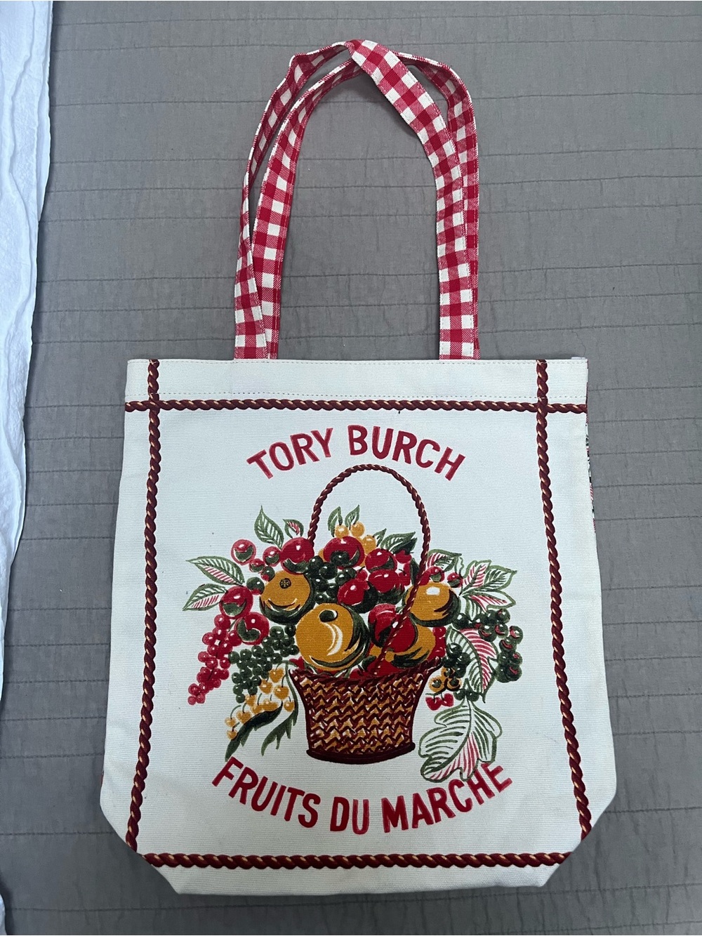 Tory Burch Fruits Du Marche Limited Edition Canvas Tote Gingham Red White Basket